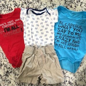 12 month set of three onesies and tan shorts